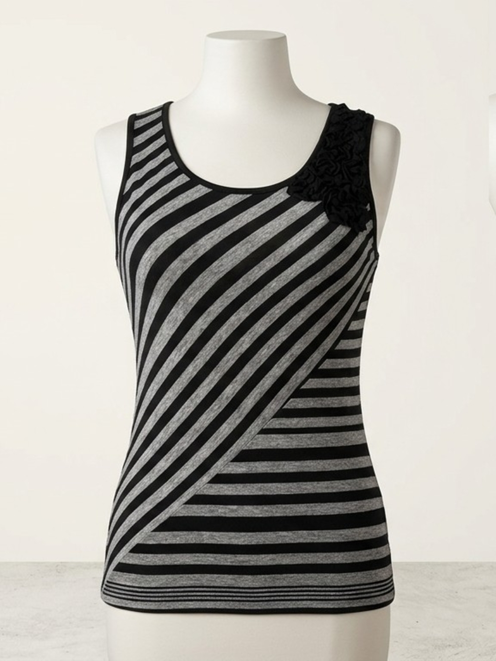 Women’s Black & Gray Striped Tank Top with Shoulder Detail